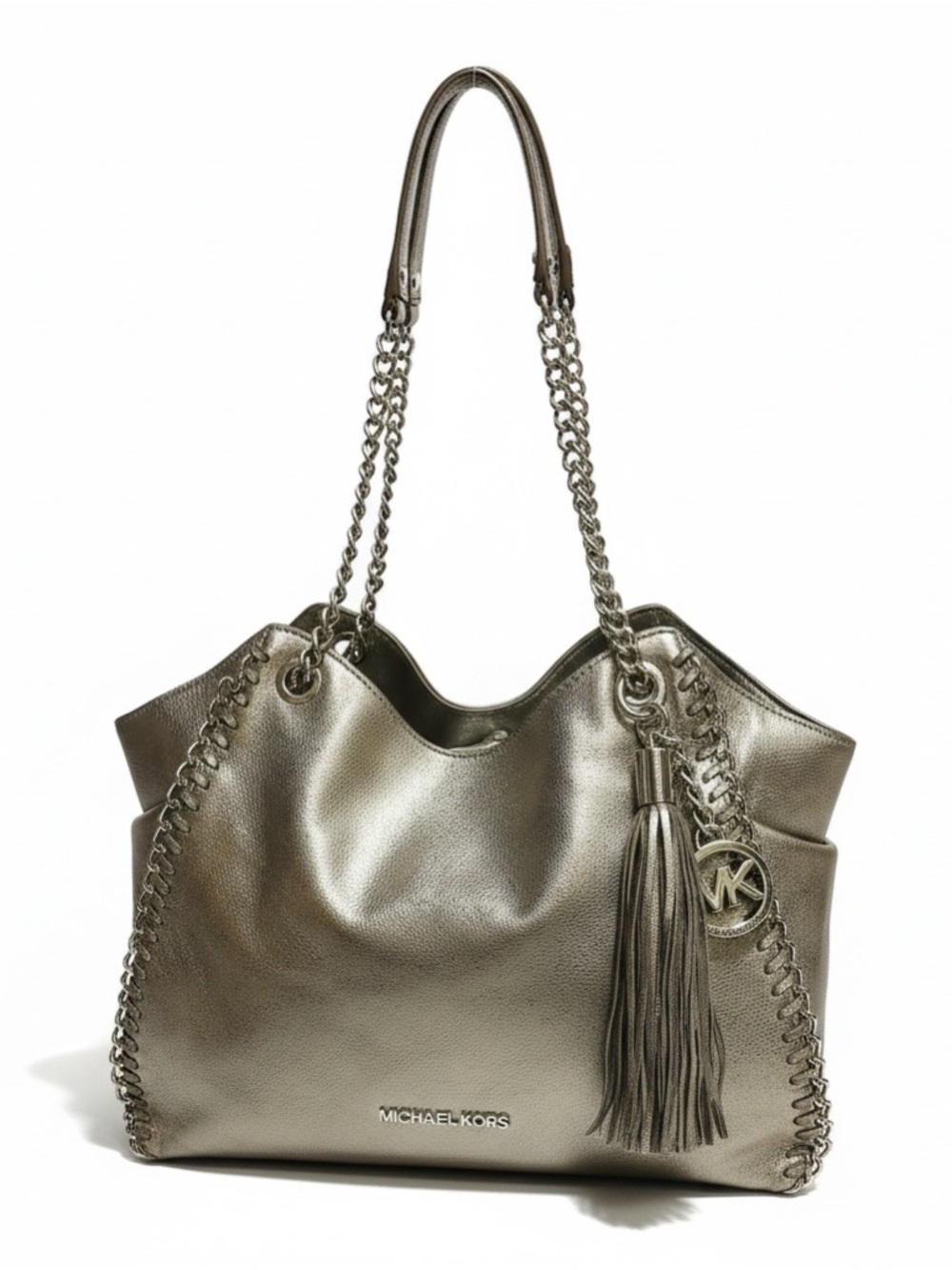Michael Kors Metallic Silver Leather Shoulder Tote with Tassel